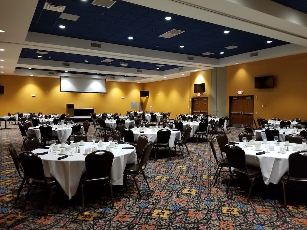 Banquet room set for dinner